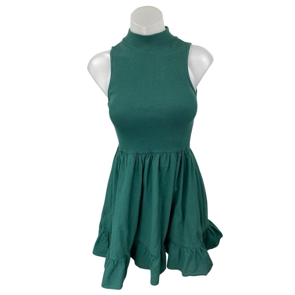 Zara Green Sleeveless Ribbed Knit Turtleneck Ruffle Fit & Flare Mini Dress Sz S